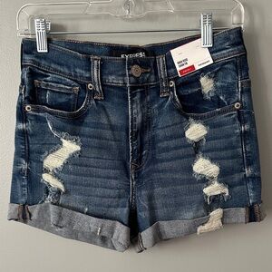 Express Size 2 High Rise Stretch Shortie Ripped Distressed Blue Jean Shorts NWT